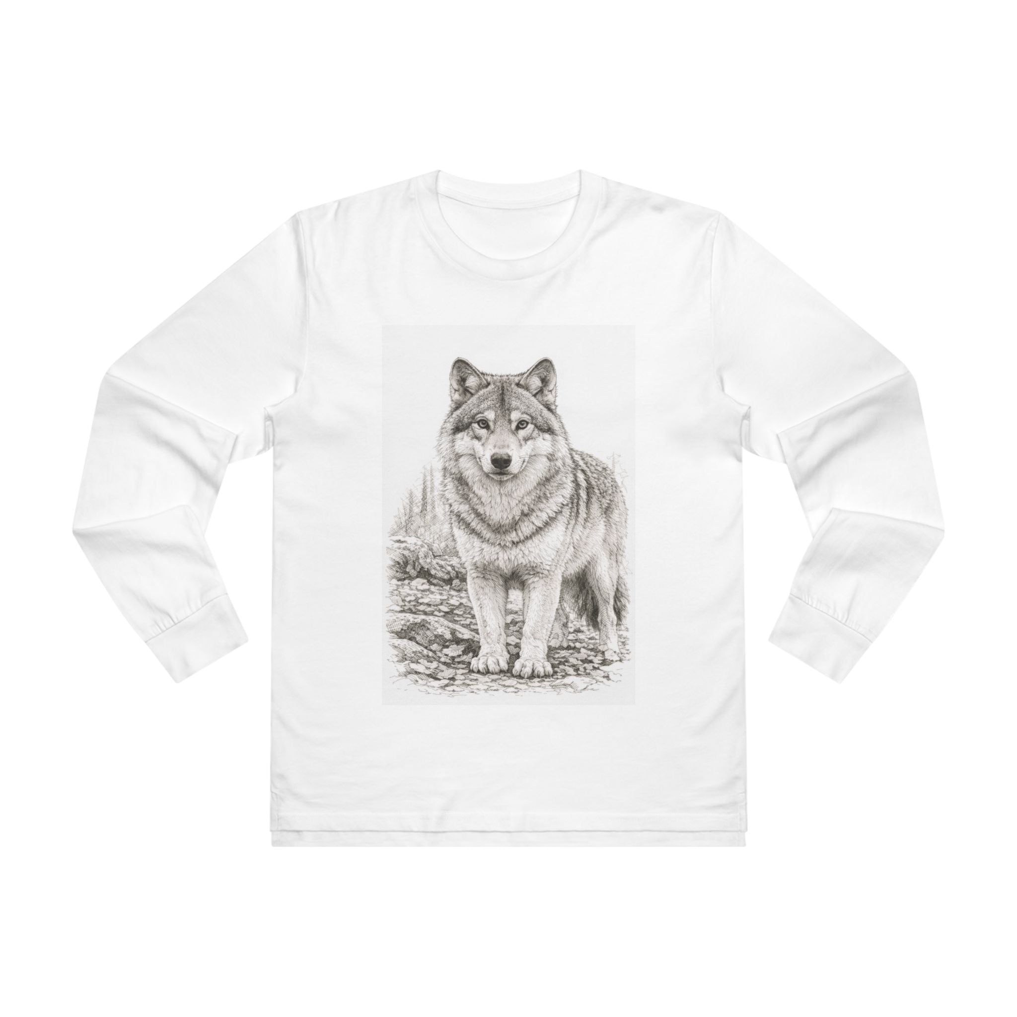 Wolf Illustration Long Sleeve Tee — Realistic Forest Wolf Graphic Shirt