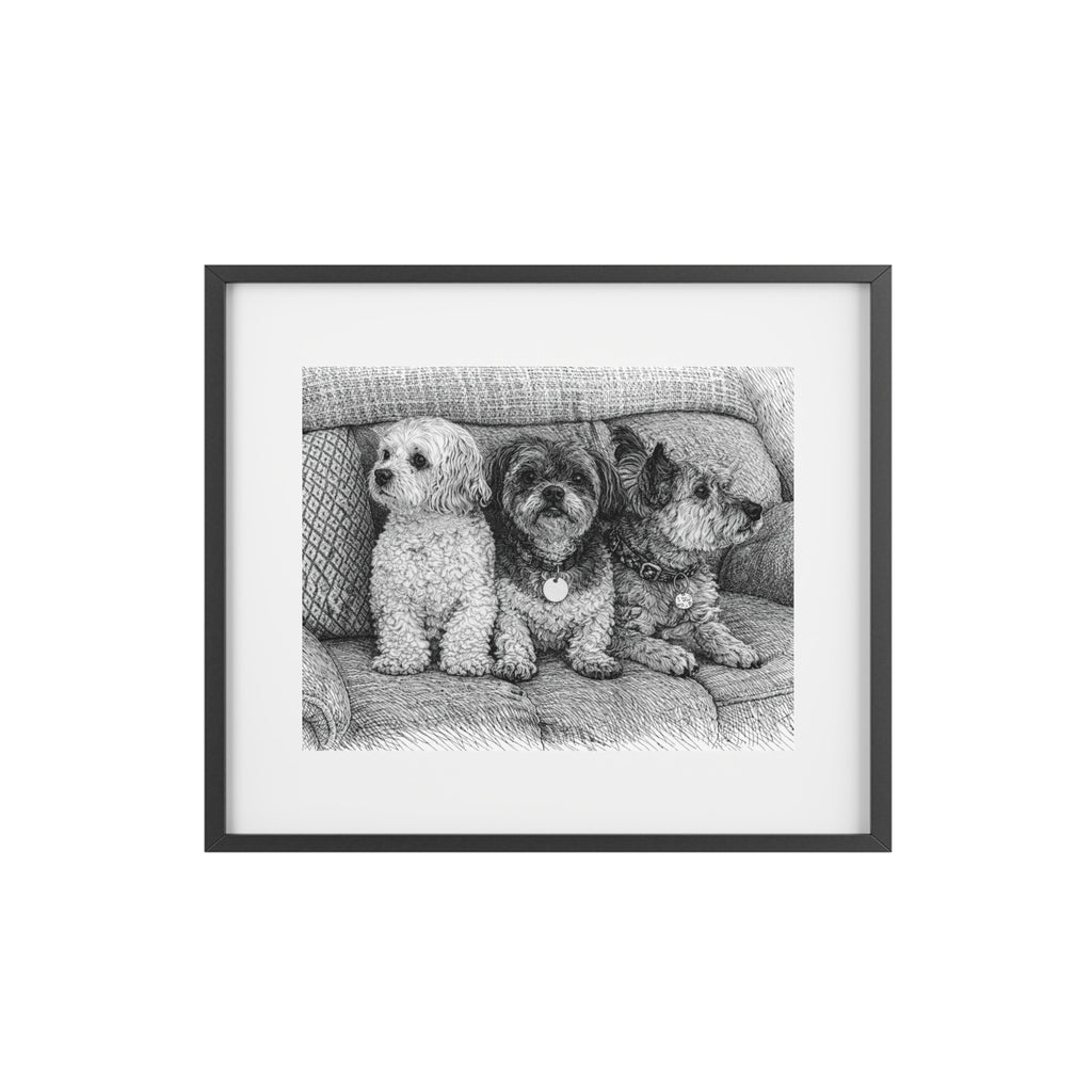 Framed Pet Portrait Poster — Custom Black & White Dog Sketch Matte Print