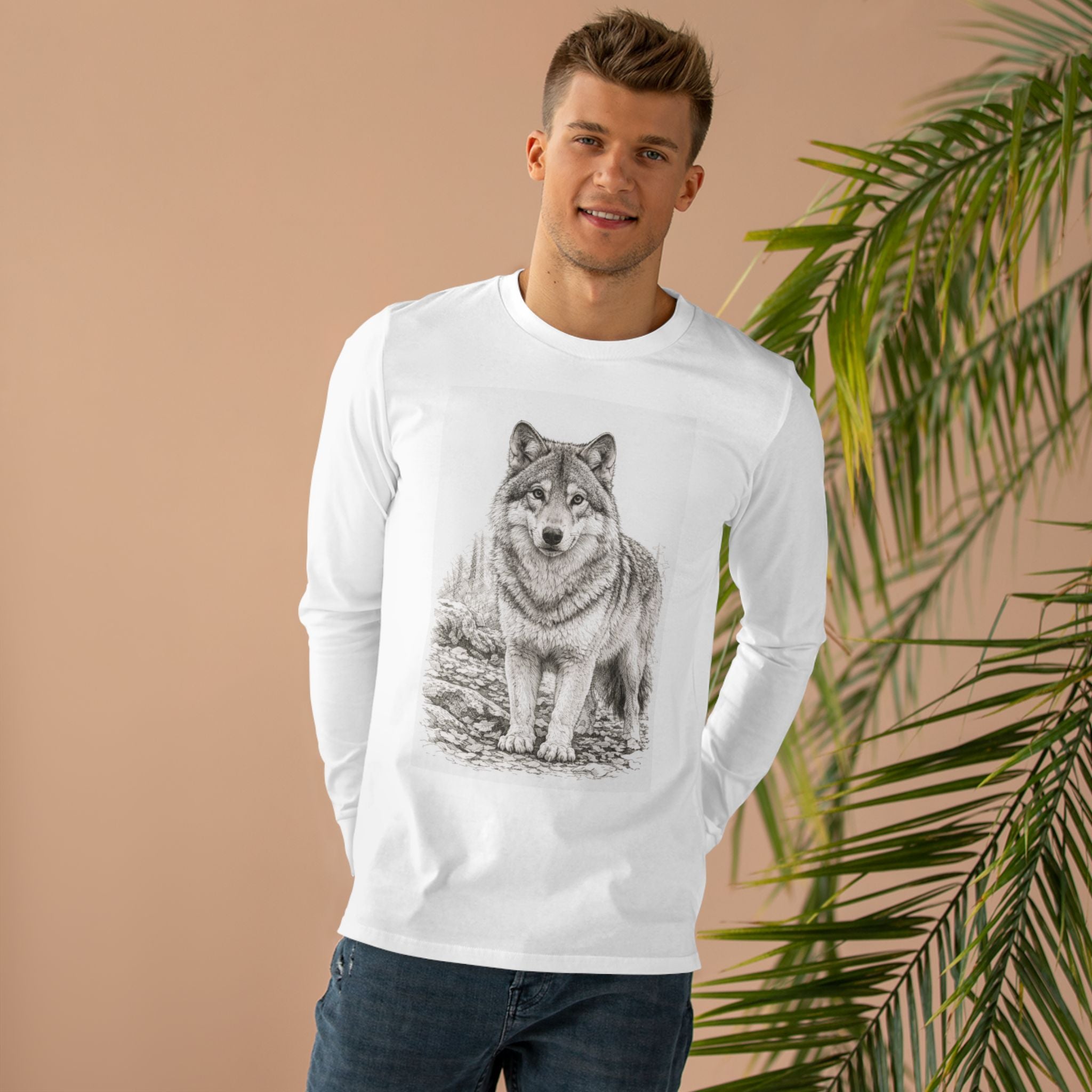 Wolf Illustration Long Sleeve Tee — Realistic Forest Wolf Graphic Shirt