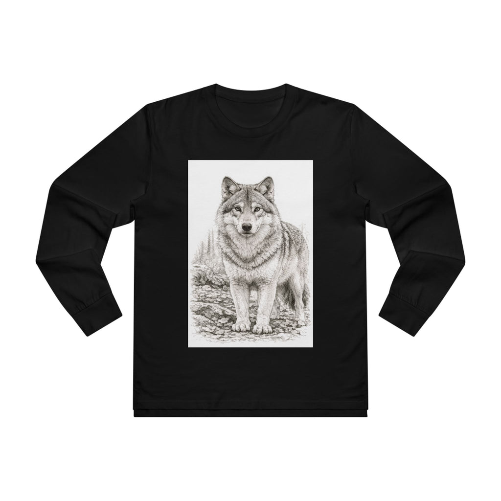 Wolf Illustration Long Sleeve Tee — Realistic Forest Wolf Graphic Shirt