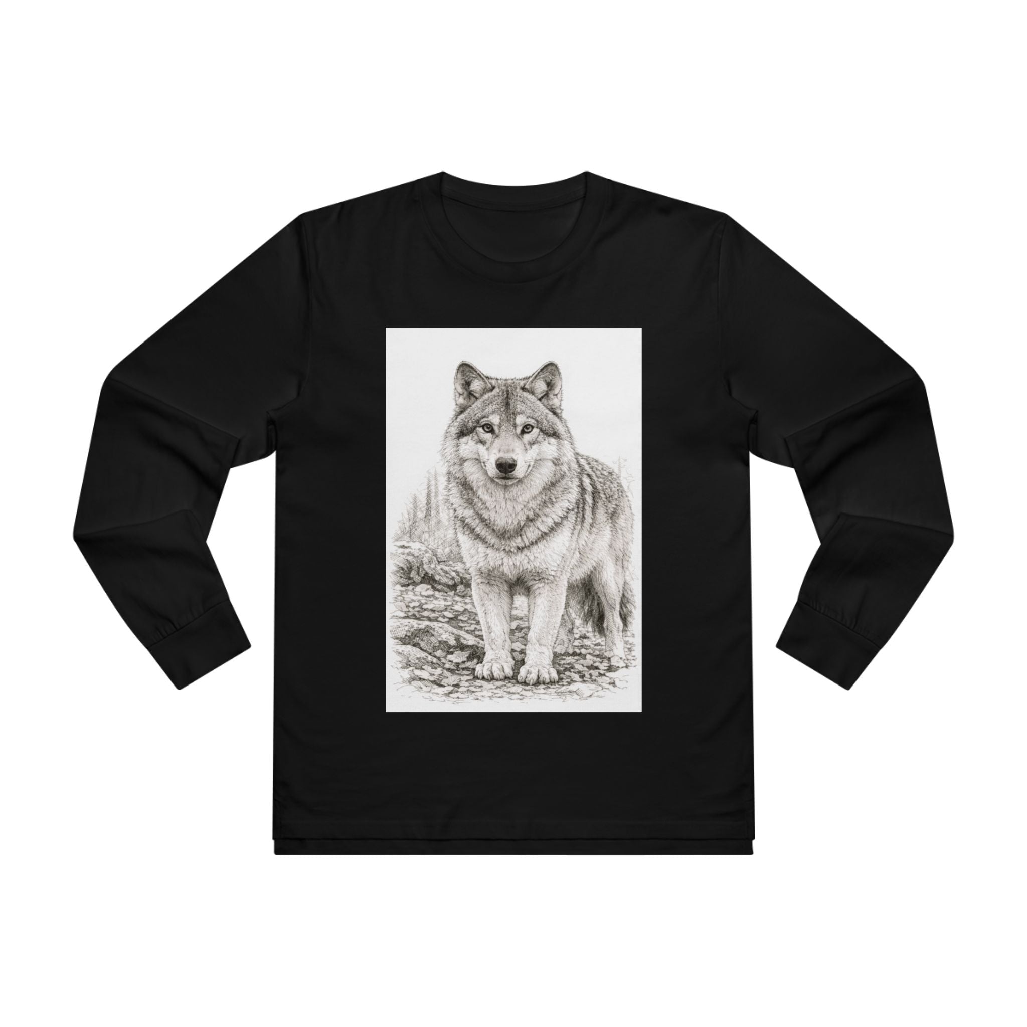 Wolf Illustration Long Sleeve Tee — Realistic Forest Wolf Graphic Shirt