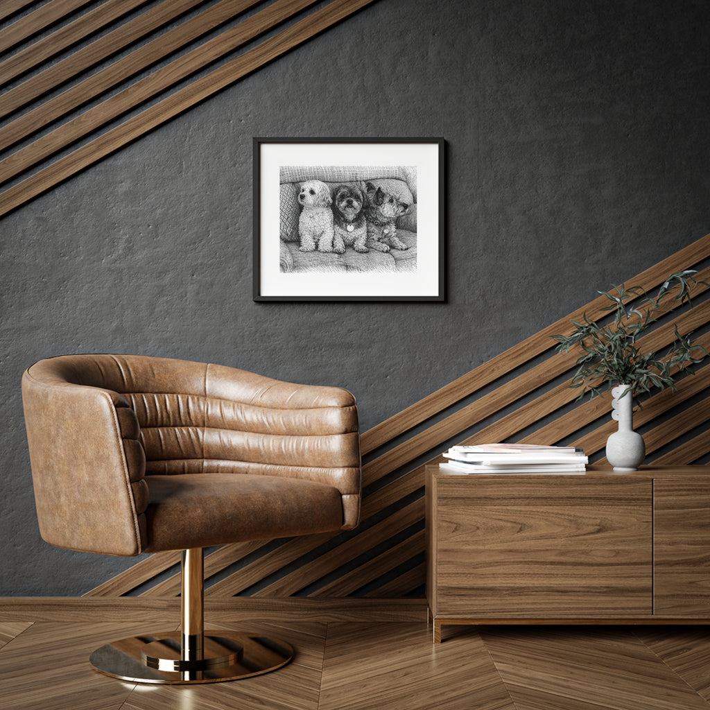 Framed Pet Portrait Poster — Custom Black & White Dog Sketch Matte Print