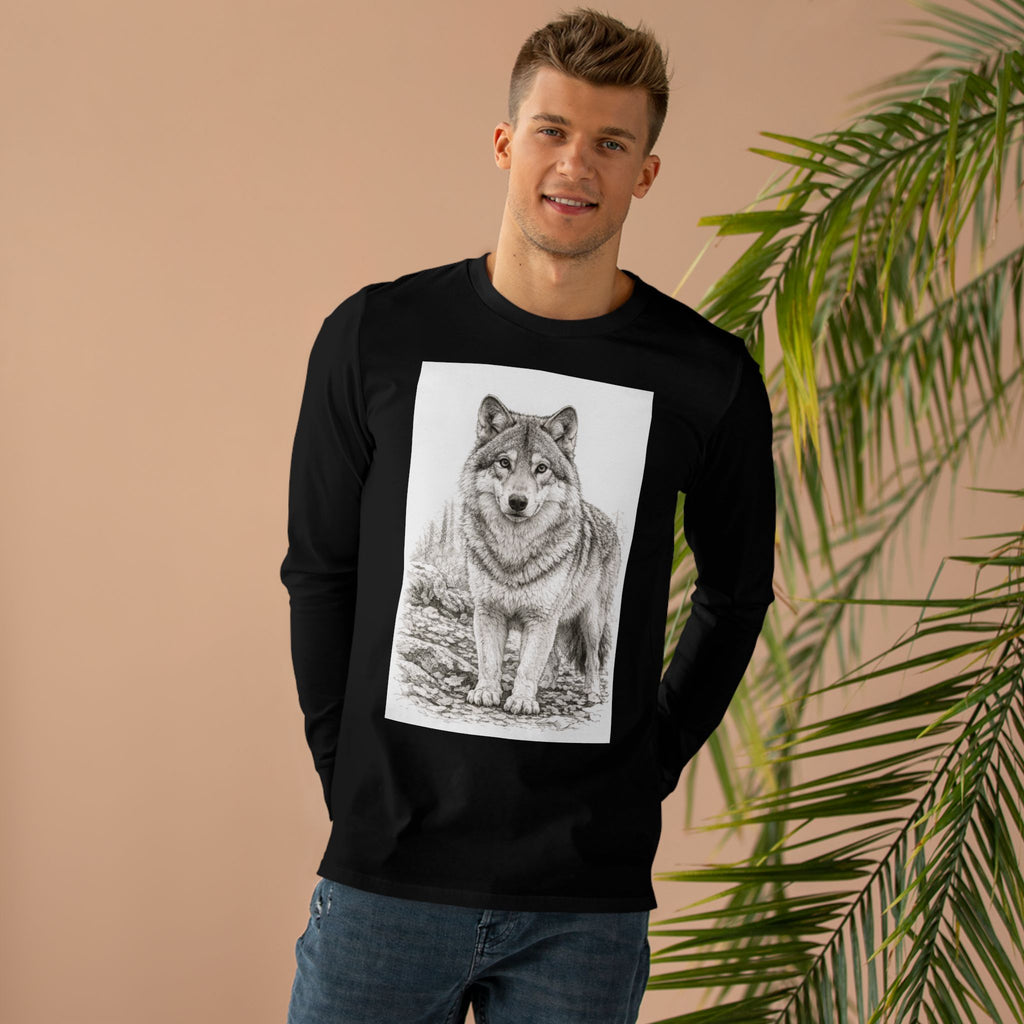 Wolf Illustration Long Sleeve Tee — Realistic Forest Wolf Graphic Shirt