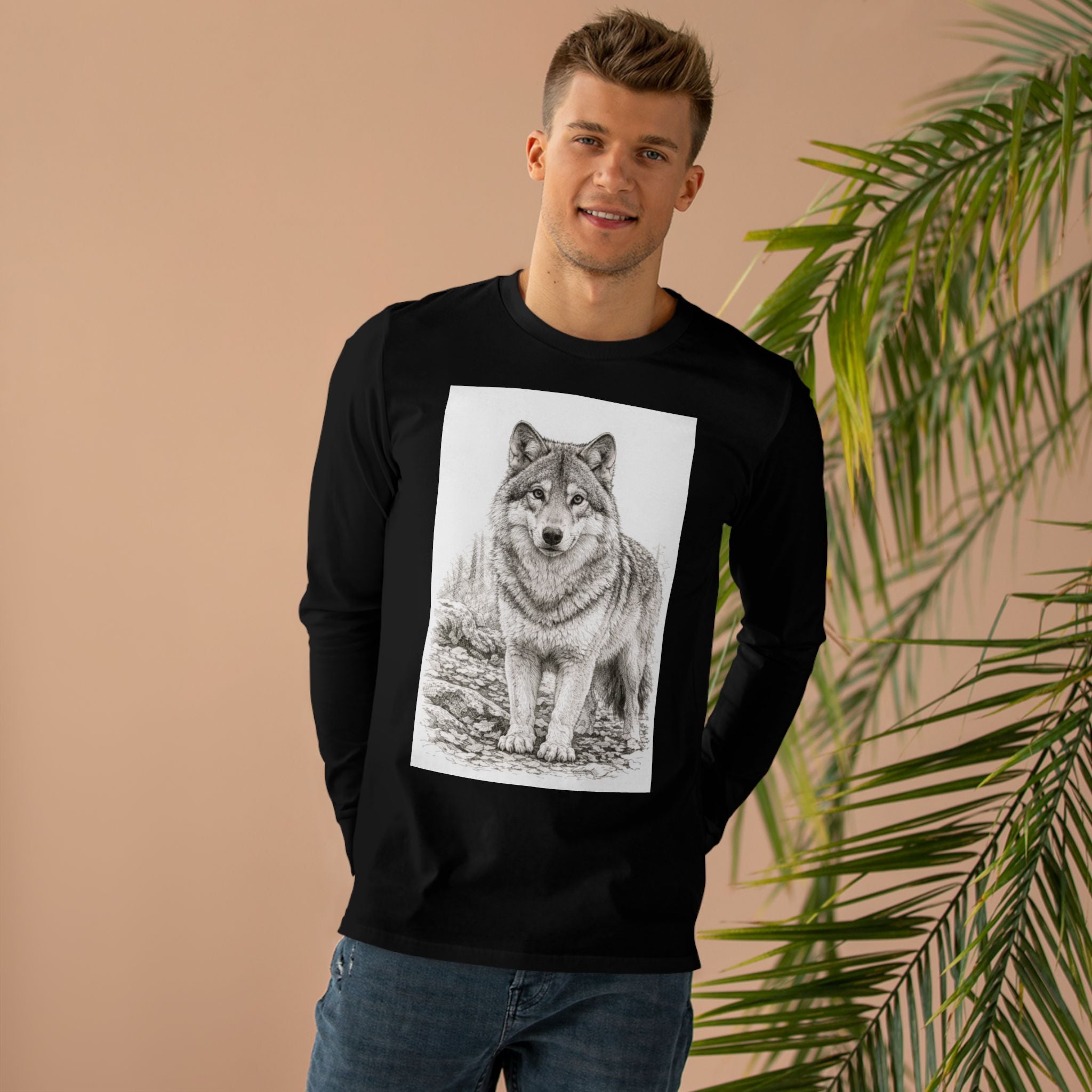 Wolf Illustration Long Sleeve Tee — Realistic Forest Wolf Graphic Shirt