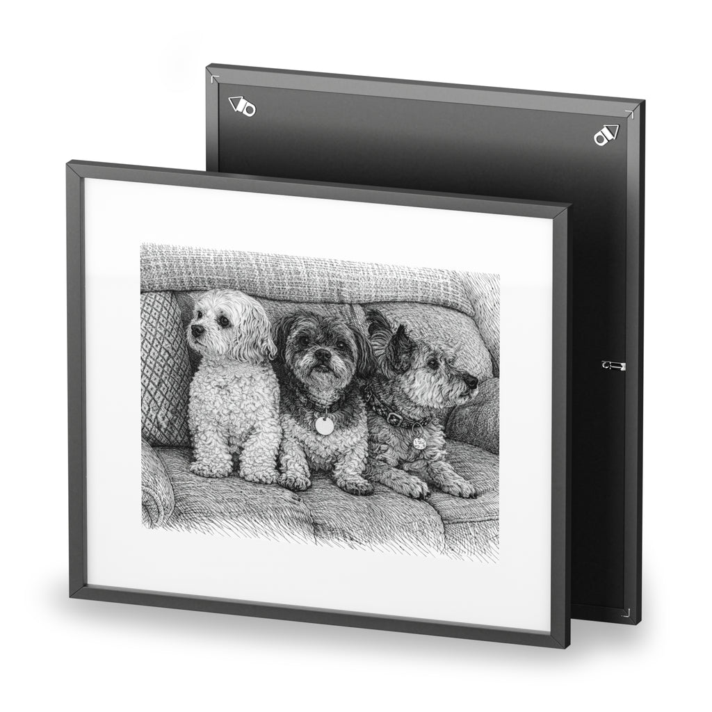 Framed Pet Portrait Poster — Custom Black & White Dog Sketch Matte Print